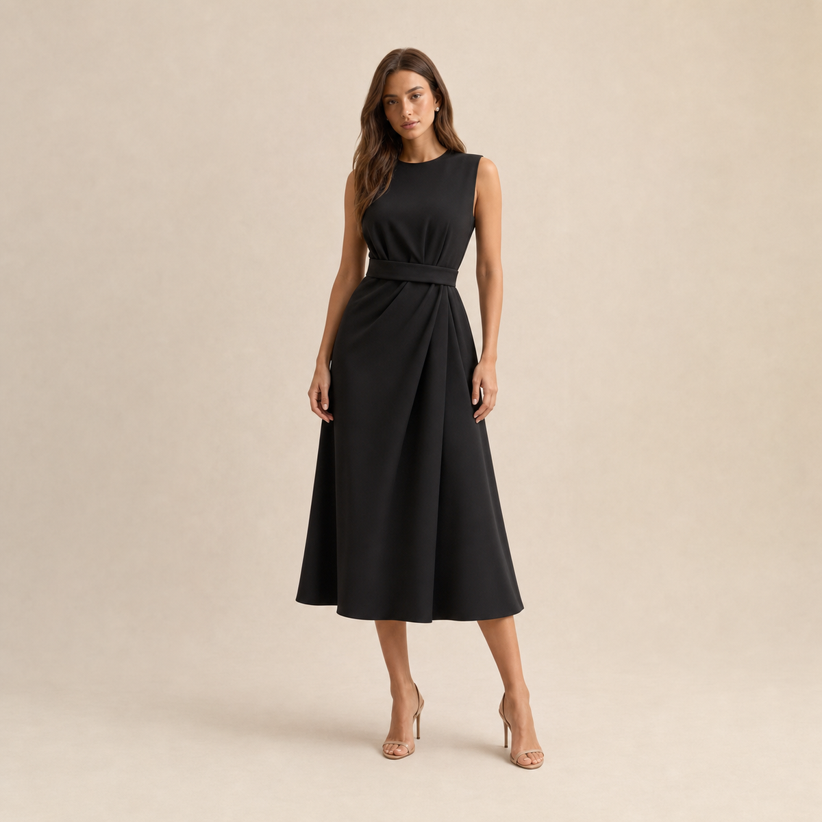 Round Neck Sleeveless Belted Pleated Fit and Flare Midi Dress