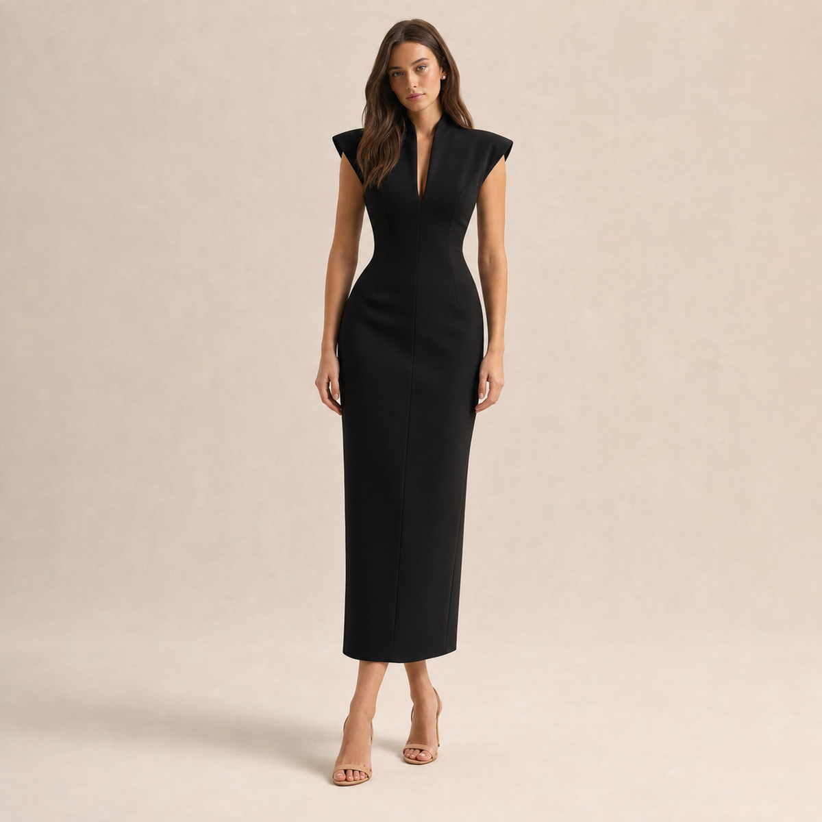Stand Collar Cap Sleeve Split Neck Bodycon Midi Dress