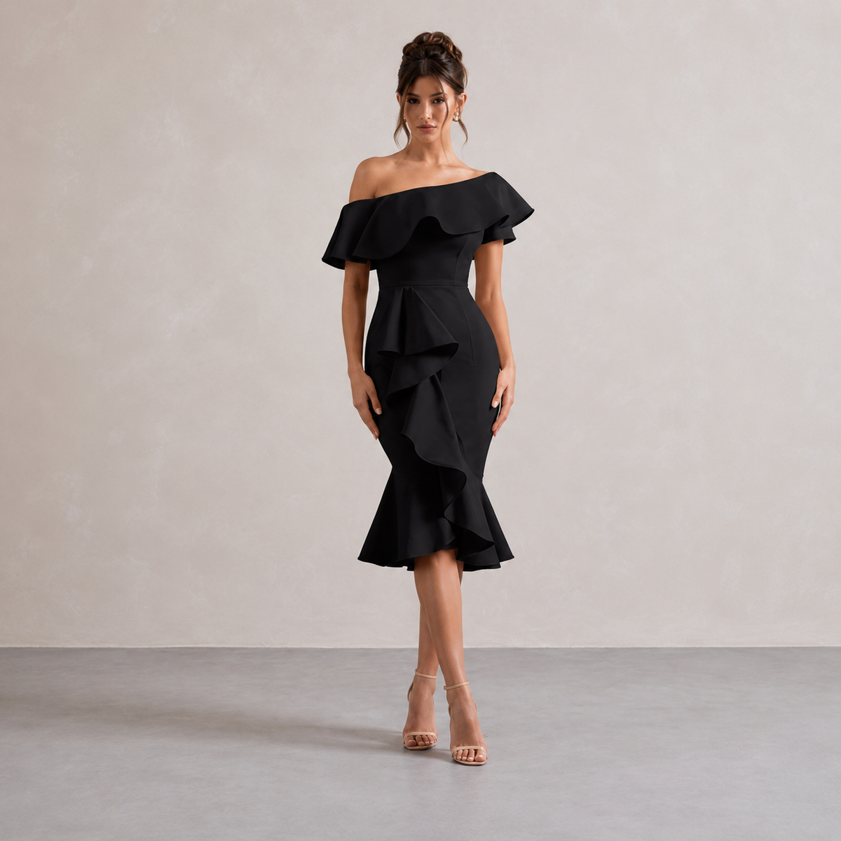 Off Shoulder Ruffle Fishtail Bodycon Midi Dress 10