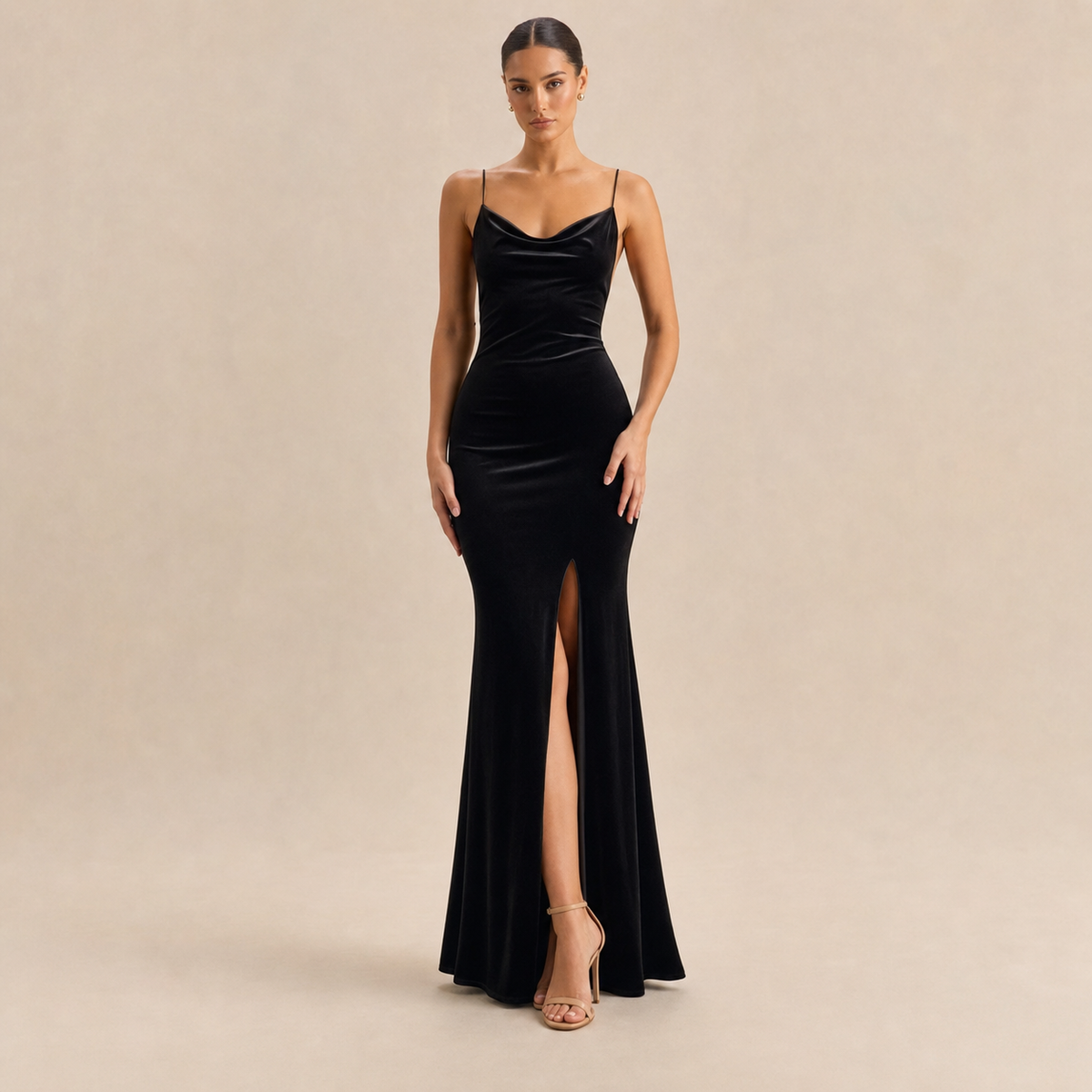 Velvet Cowl Neck Strappy High Split Fishtail Maxi Dress