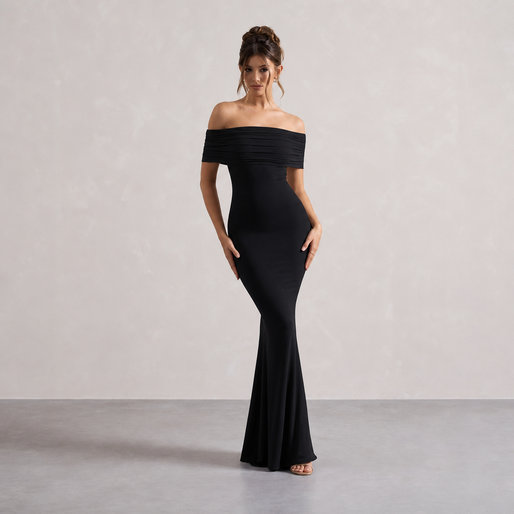 Off Shoulder Pleated Bardot Fishtail Maxi Dress