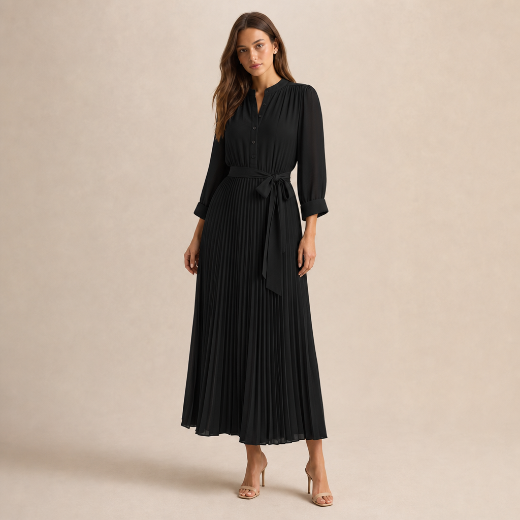 Band Collar Button Front Belted Pleated Shirt Maxi Dress 10