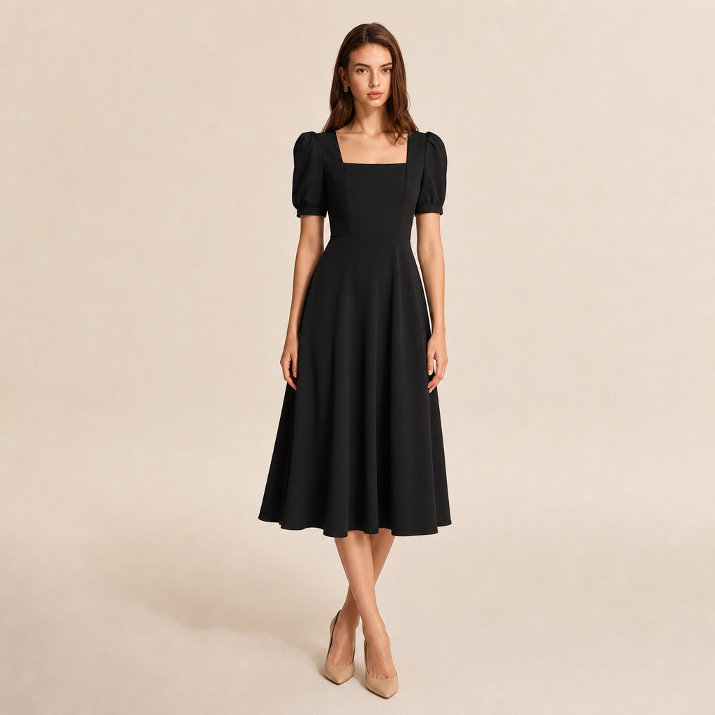 Square Neck Puff Sleeve Fit and Flare Midi Dress