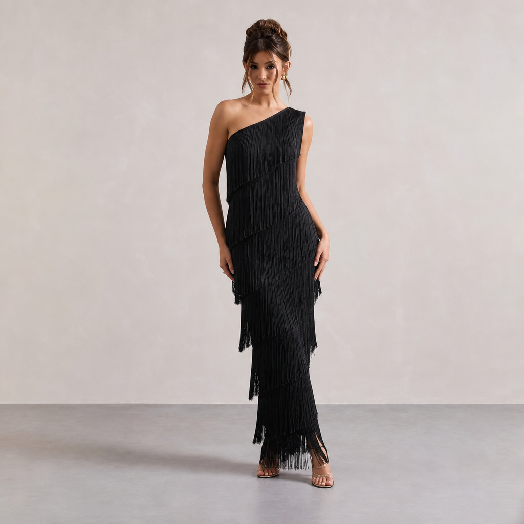 One Shoulder Tiered Tassel Fringe Bodycon Maxi Dress
