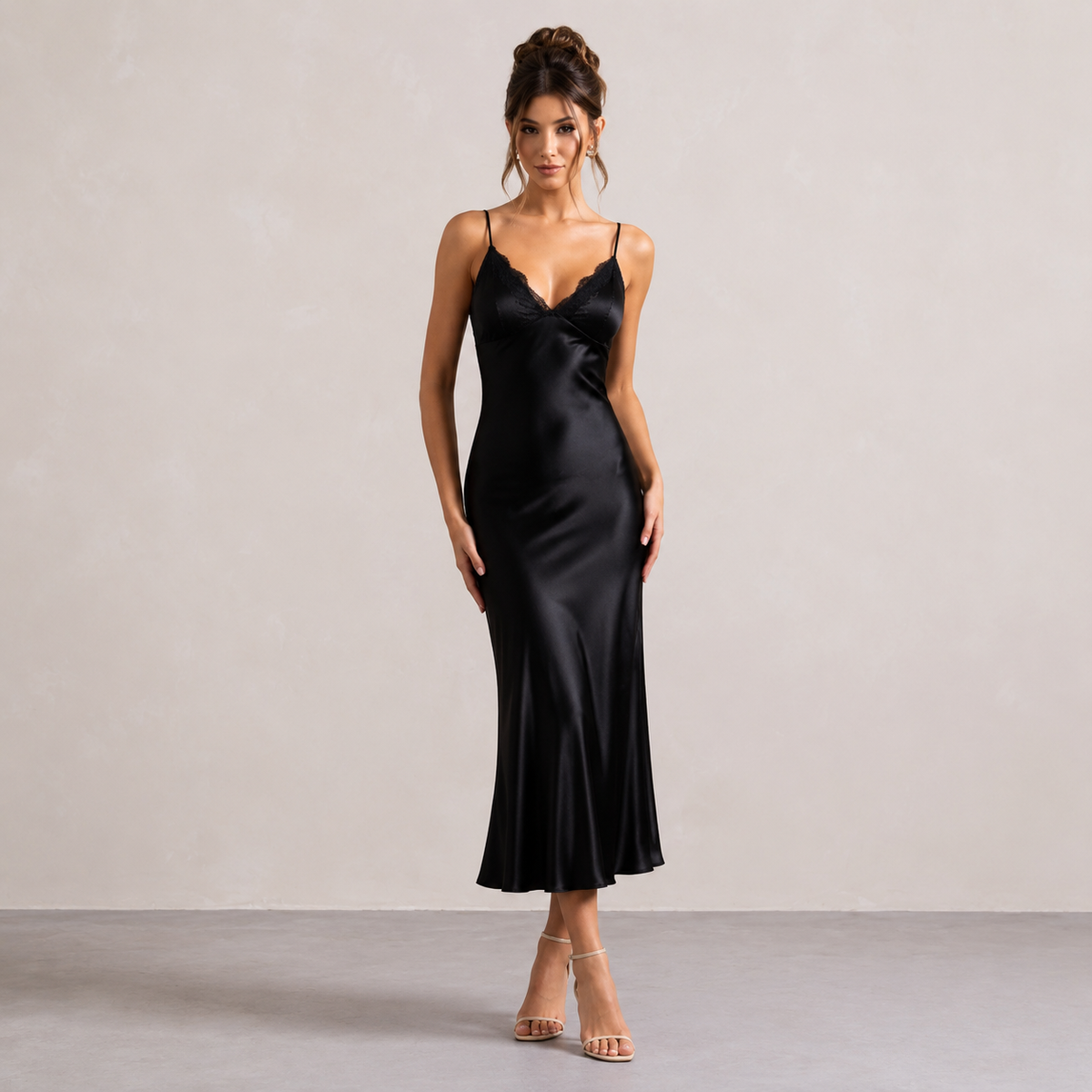 Lace Trim V-Neck Strappy Satin Slip Midi Dress