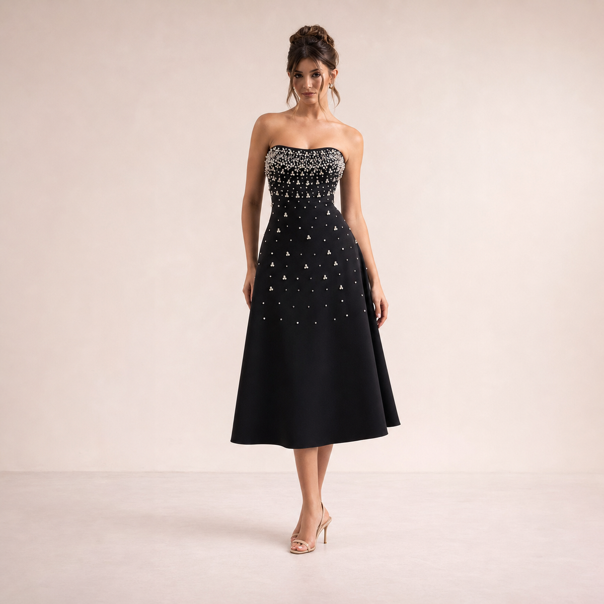 Strapless Pearl Embellished Fit and Flare Midi Dress