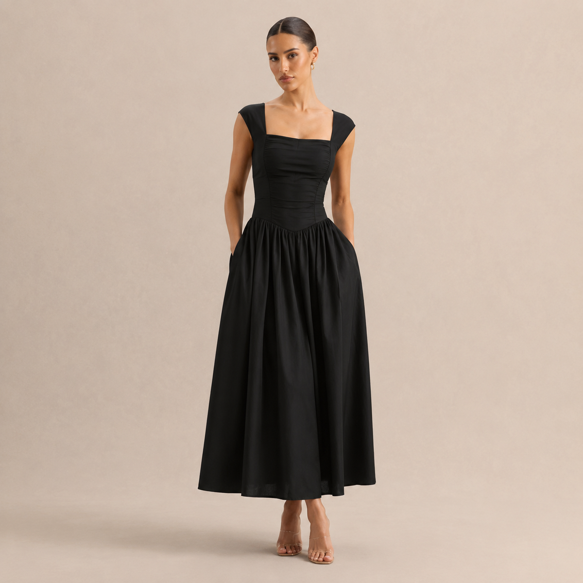 Square Neck Cap Sleeve Ruched Corset Fit and Flare Midi Dress 4