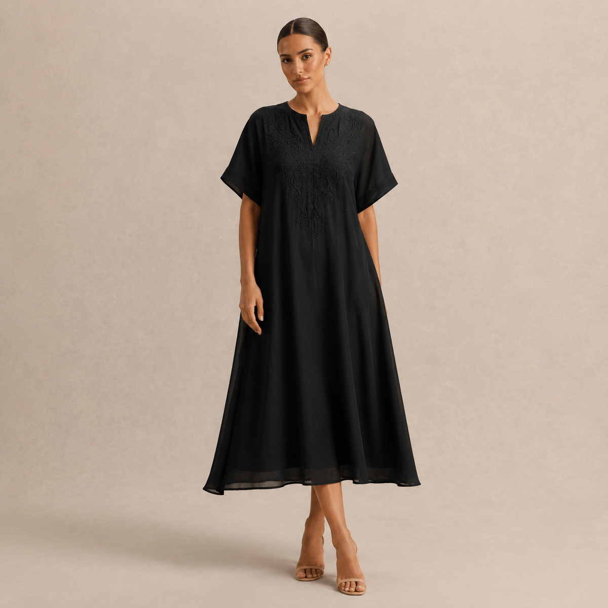 Embroidered Split Neck Short Sleeve Kaftan Midi Dress