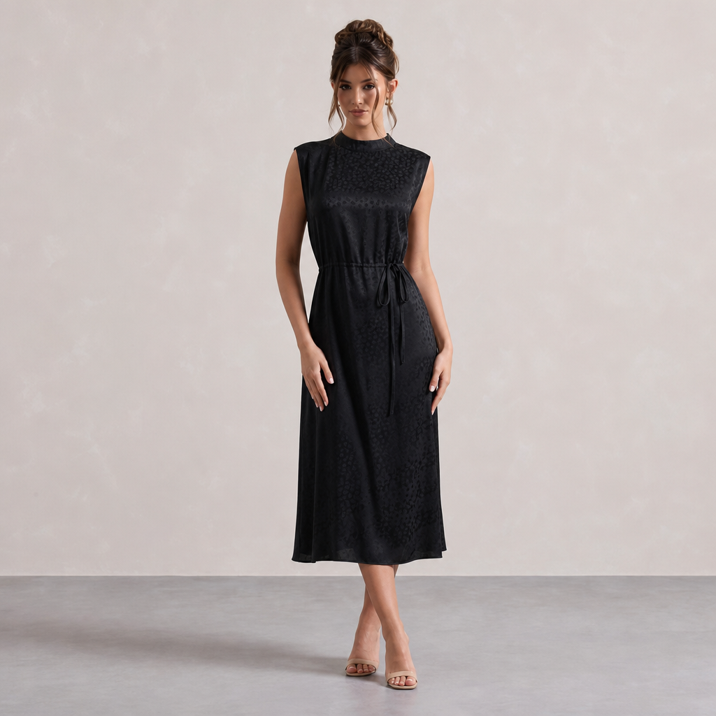 Mock Neck Sleeveless Tie Waist Jacquard Satin Midi Dress