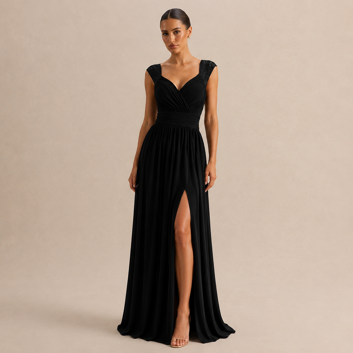 Sweetheart Cap Sleeve High Split Chiffon Maxi Gown