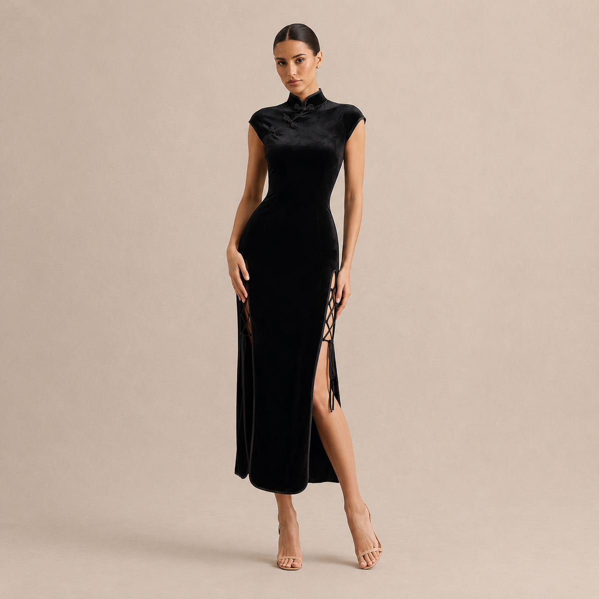 Mandarin Collar Cap Sleeve Frog Button Side Split Velvet Maxi Dress