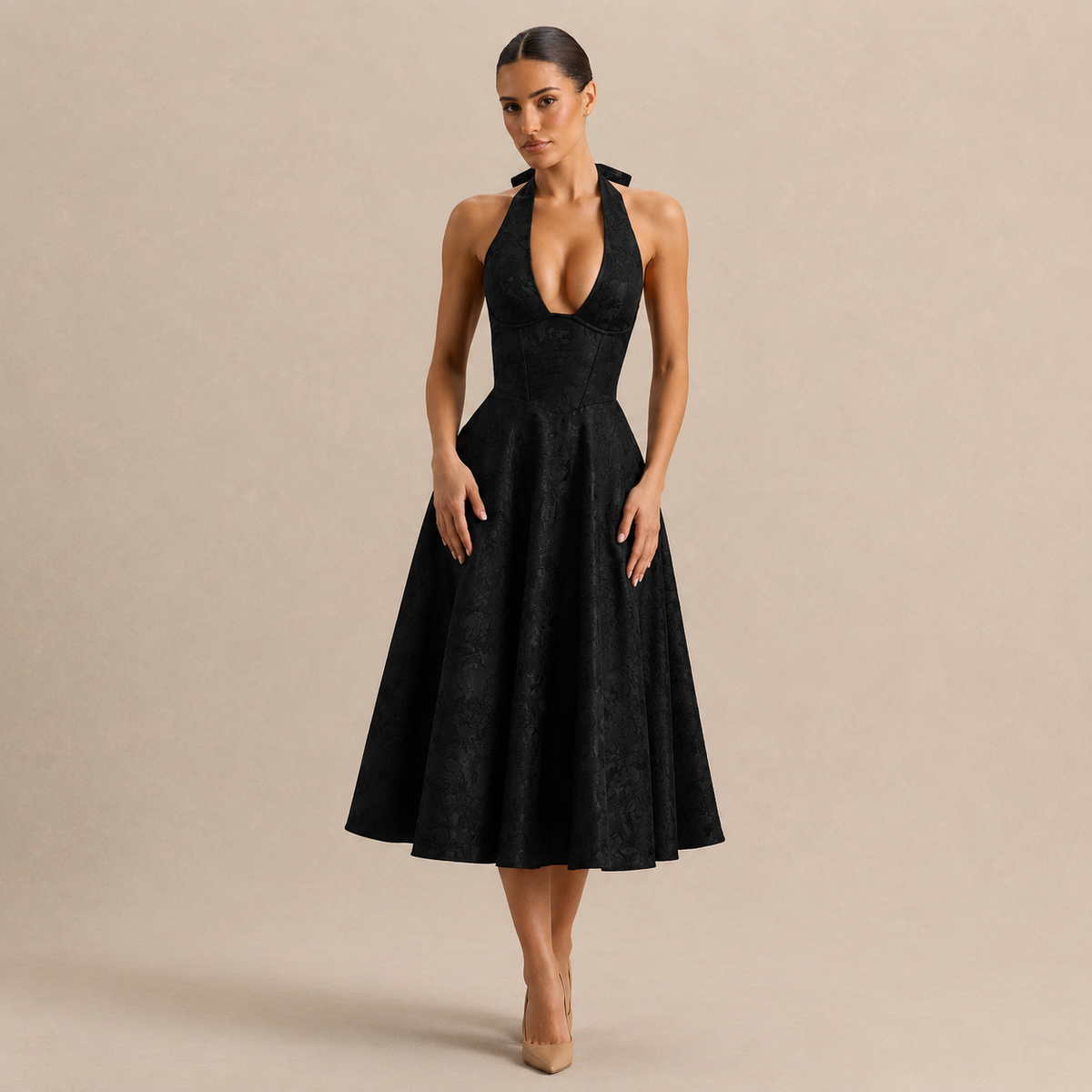 Floral Jacquard Halter Deep V-Neck Fit and Flare Midi Dress 13