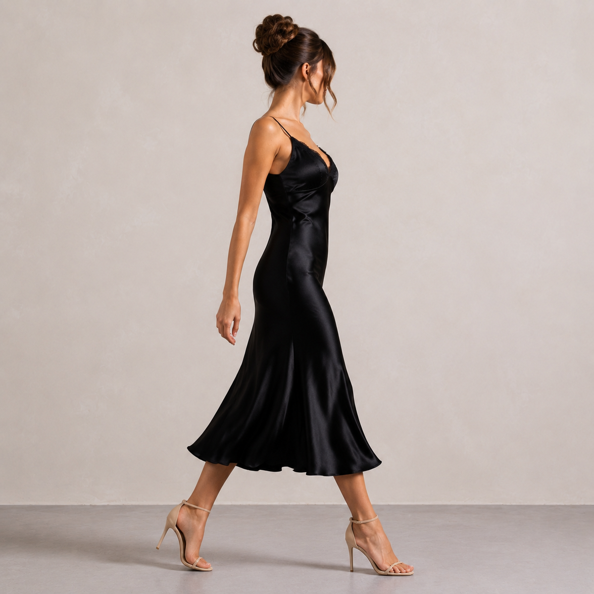 Lace Trim V-Neck Strappy Satin Slip Midi Dress 4