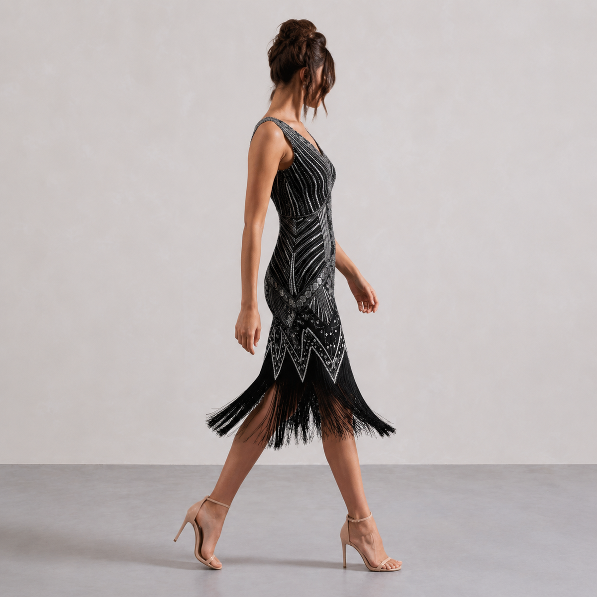 V-Neck Beaded Fringe Sleeveless Flapper Midi Dress 4