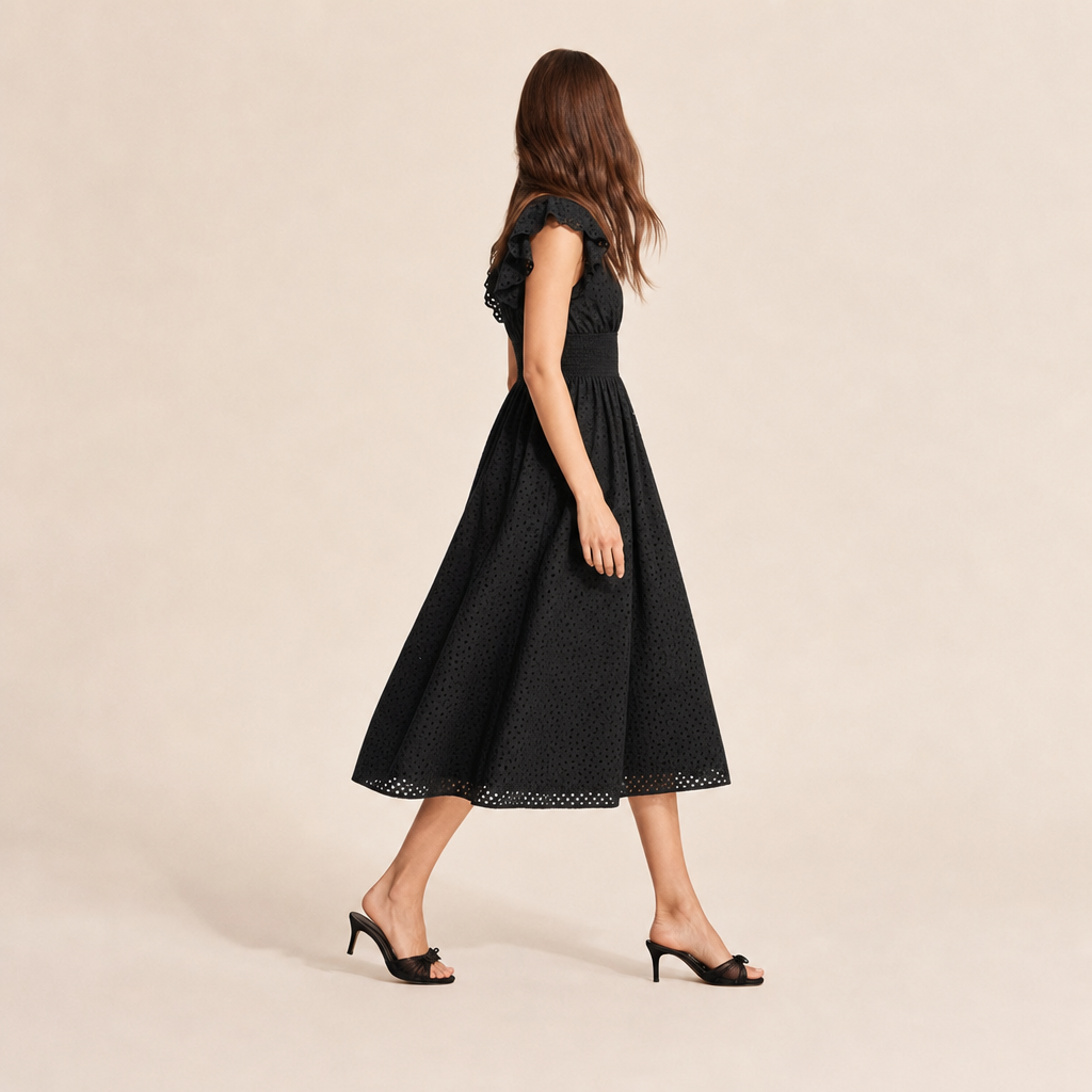 Broderie V-Neck Flutter Sleeve Shirred Waist A-Line Midi Dress 4