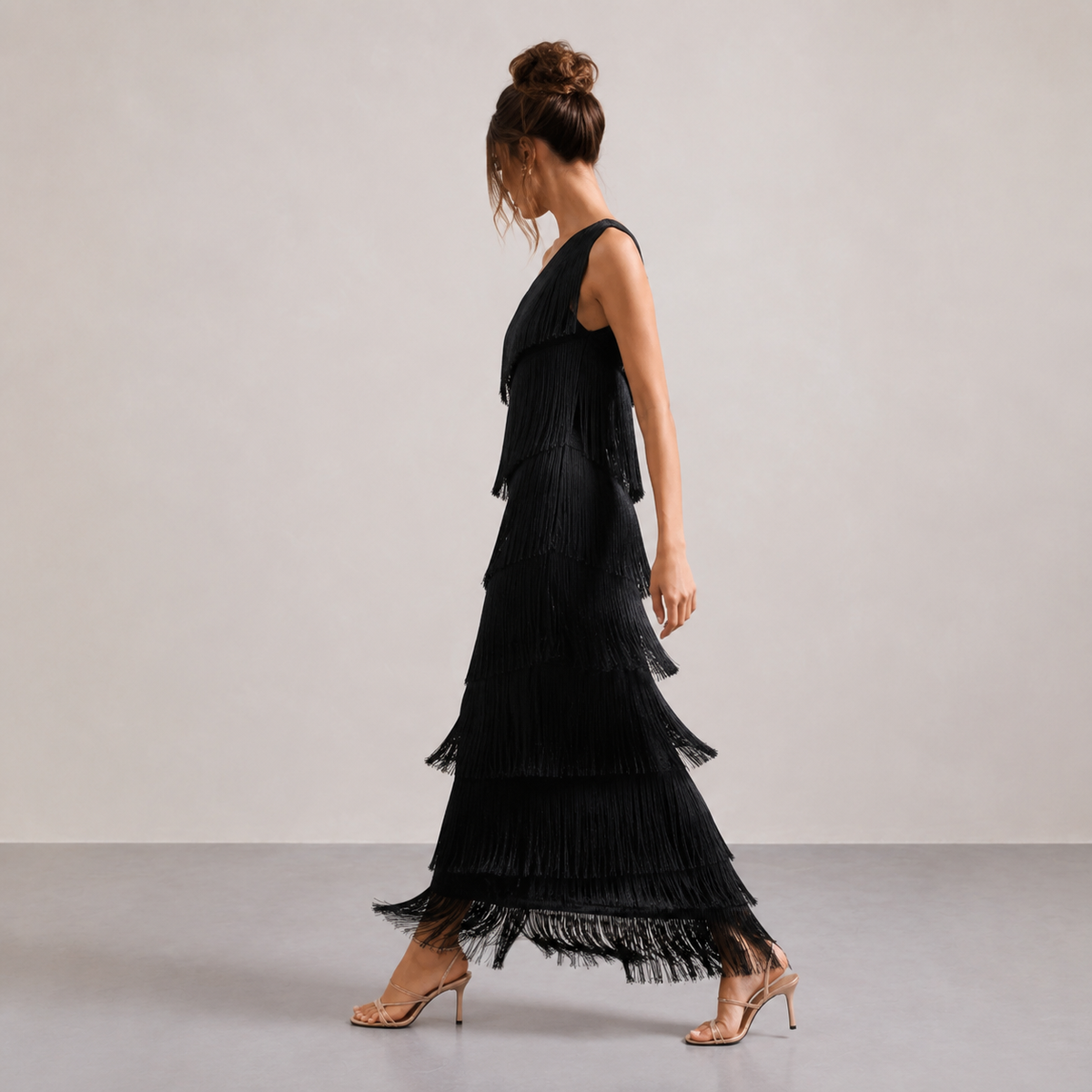 One Shoulder Tiered Tassel Fringe Bodycon Maxi Dress 4