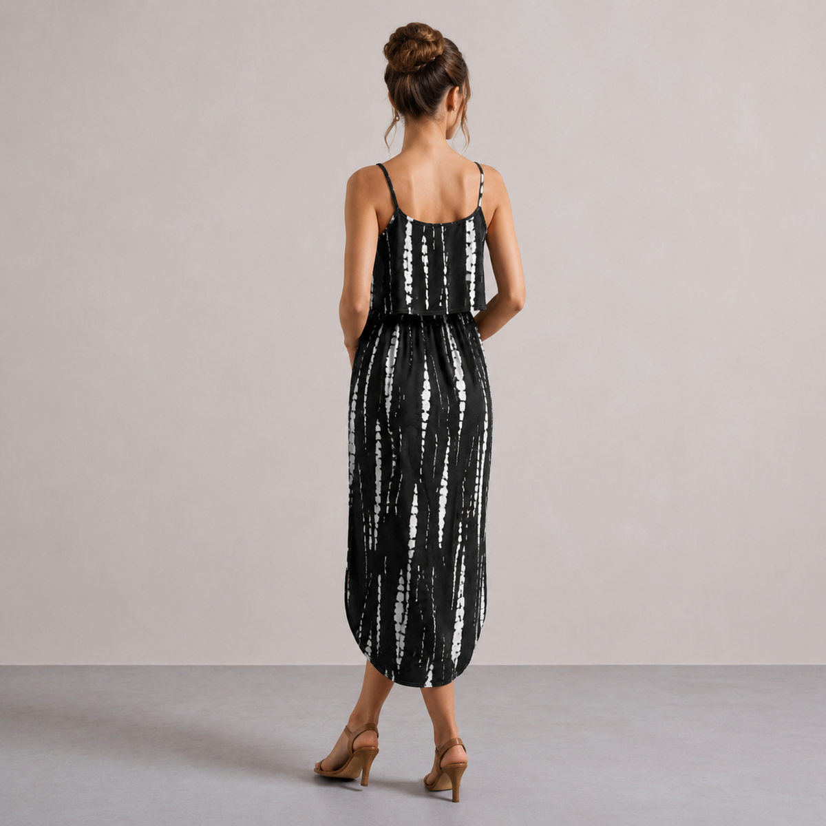 Tie Dye Stripe Cami Drawstring Waist High Low Midi Dress 15