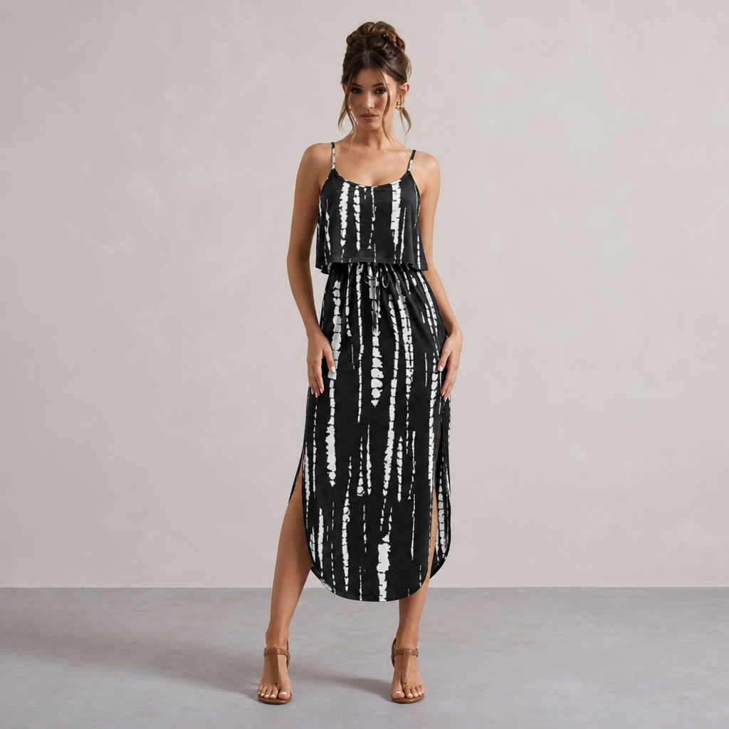Tie Dye Stripe Cami Drawstring Waist High Low Midi Dress 13