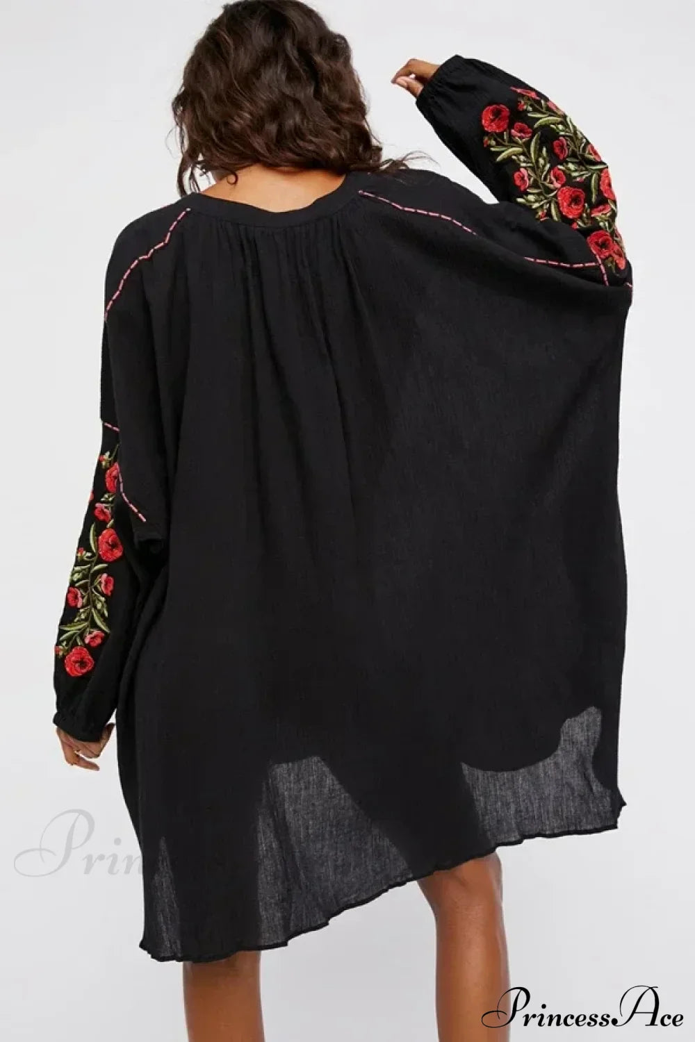 Black Cotton Rayon Floral Embroidery Beach Dress