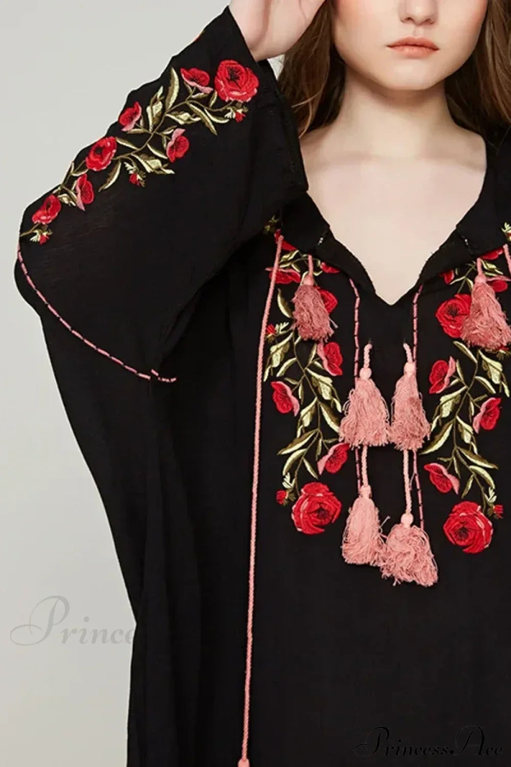 Black Cotton Rayon Floral Embroidery Beach Dress