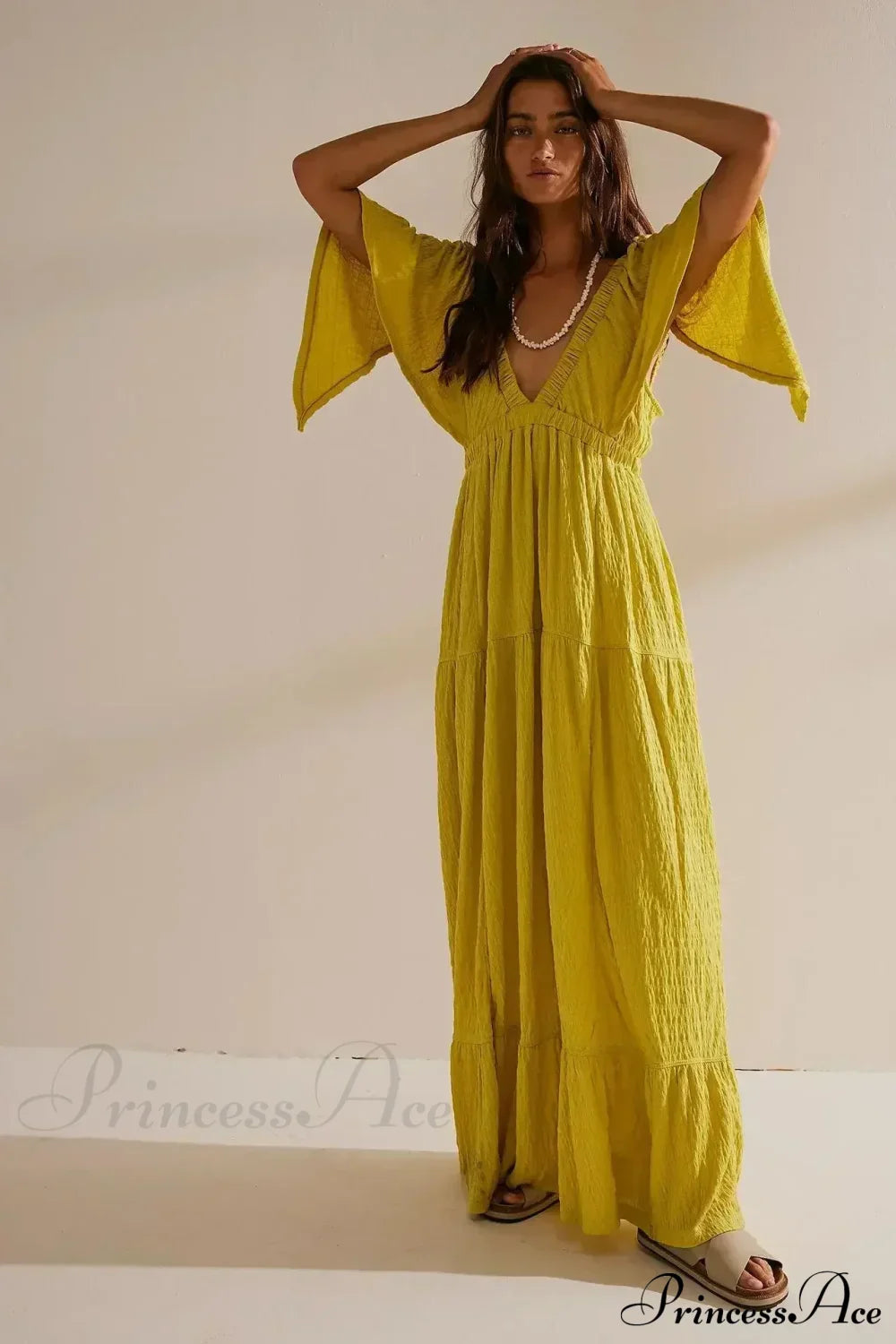 Black Embroidery Round Neck Flare Boho Dress Lemon yellow / S bohodress-250126