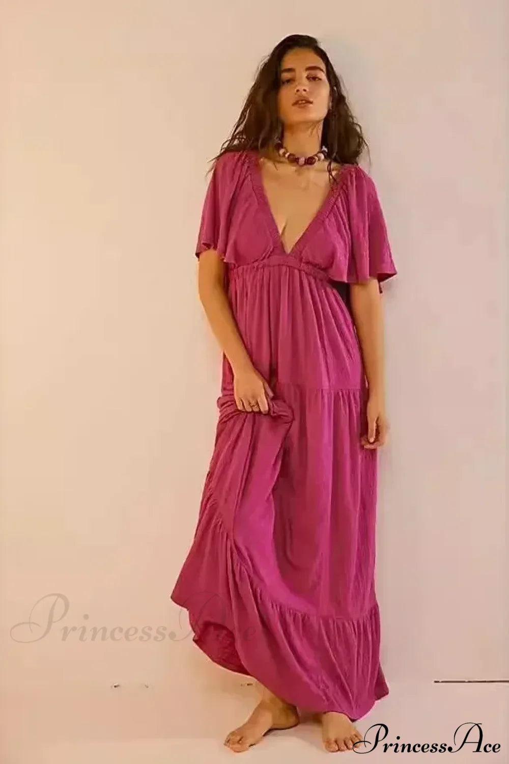 Black Embroidery Round Neck Flare Boho Dress rose red / S bohodress-250126