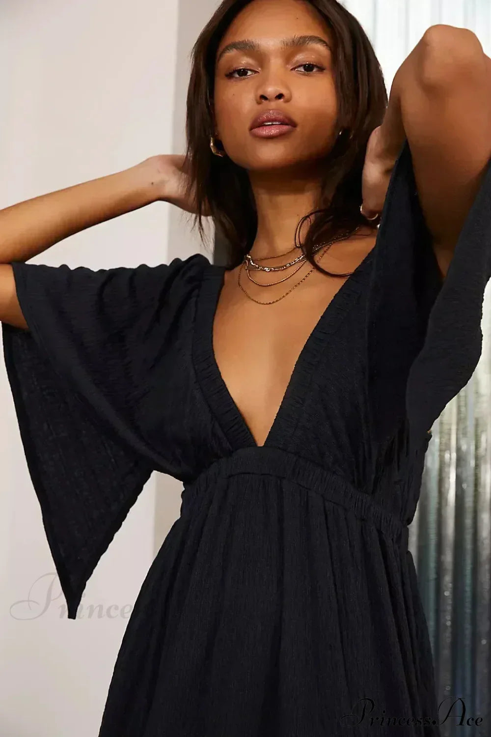 Black Embroidery Round Neck Flare Boho Dress Black / S bohodress-250126