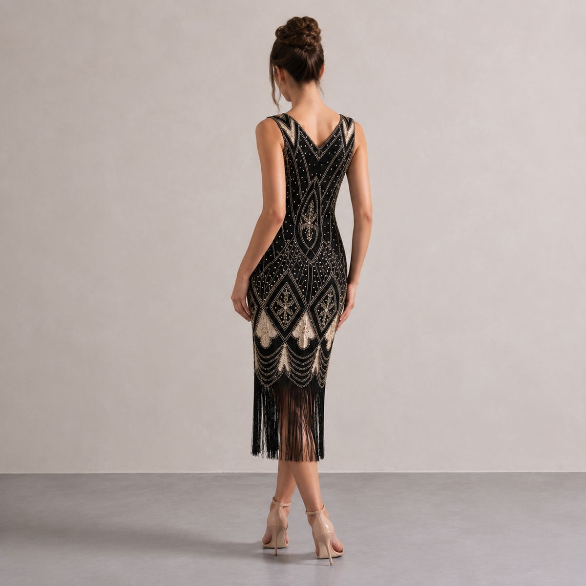 Beaded Fringe Hem V-Neck Flapper Midi Dress 7
