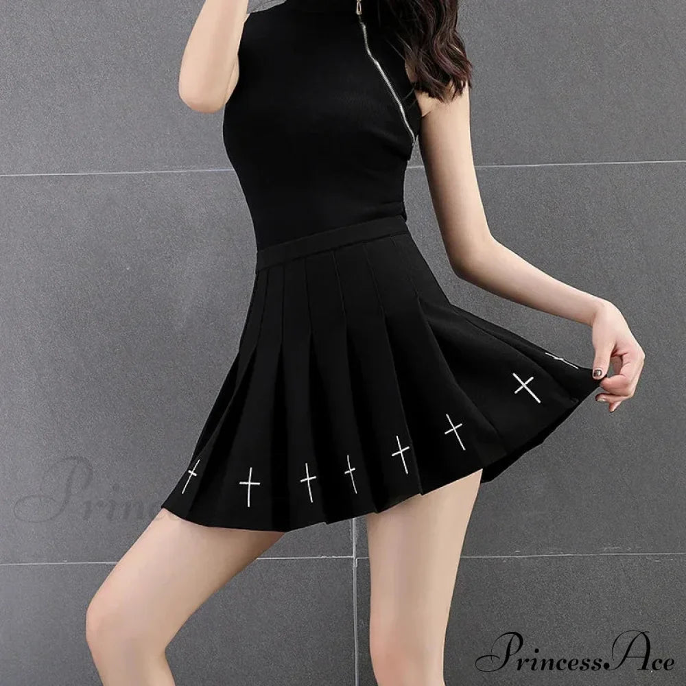 Black High Waist Pleated Vintage Gothic Streetwear Cross Print Skirt