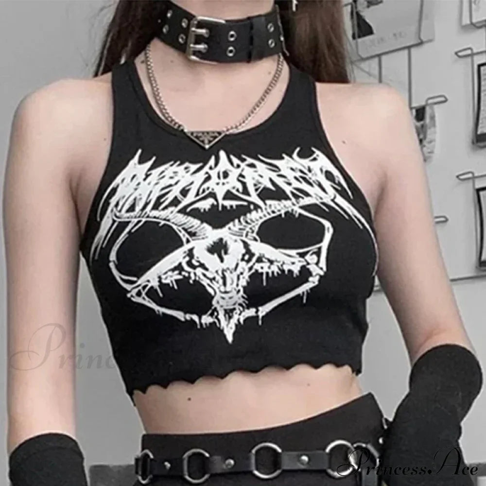 Black Ribbed Punk Gothic Skull Print Sleeveless Crop Top