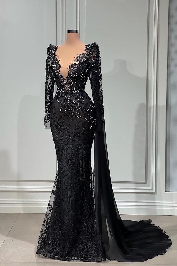 Black Lace Long Sleeves Prom Dress Mermaid With Beads - Fashionpara