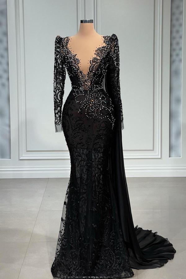 Black Lace Long Sleeves Prom Dress Mermaid With Beads - Fashionpara