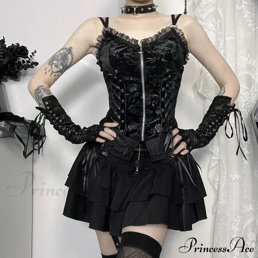 Black Lace Trim Cross Lace-up Mini Vintage Sexy A-Line Layered Short Women Summer Autumn Skirt