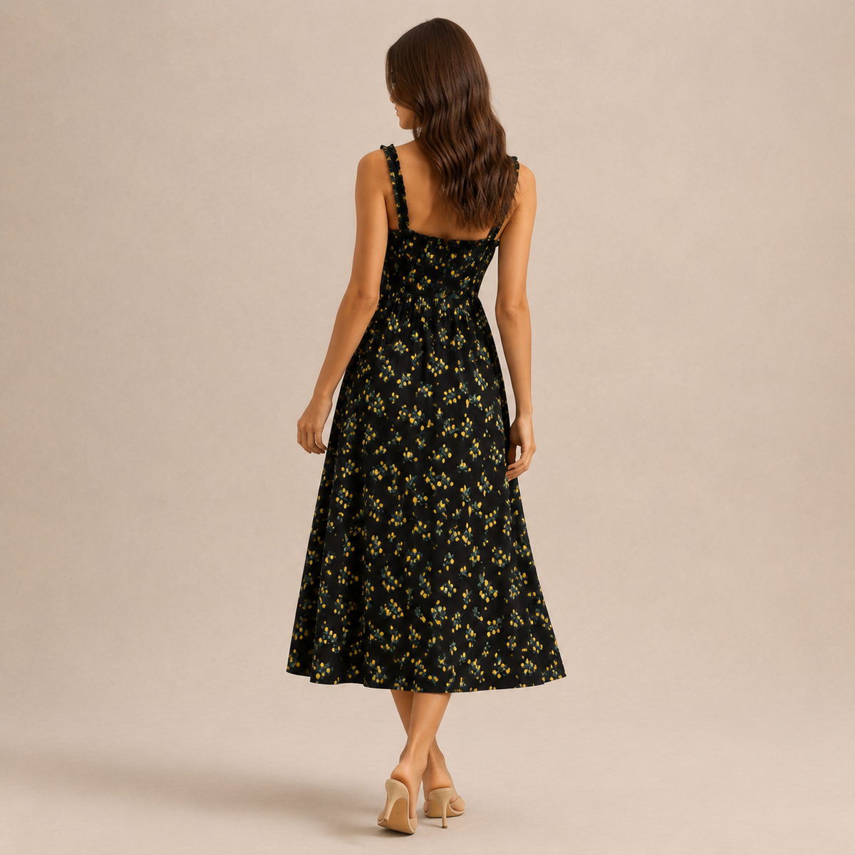 Ditsy Floral Print Ruffle Bust Tie Front A-Line Midi Dress 3