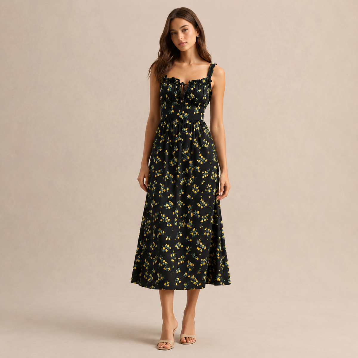 Ditsy Floral Print Ruffle Bust Tie Front A-Line Midi Dress