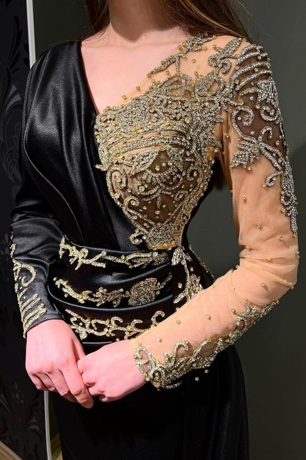 Black Long Sleeves Prom Dress Mermaid Long With Beads - Fashionpara