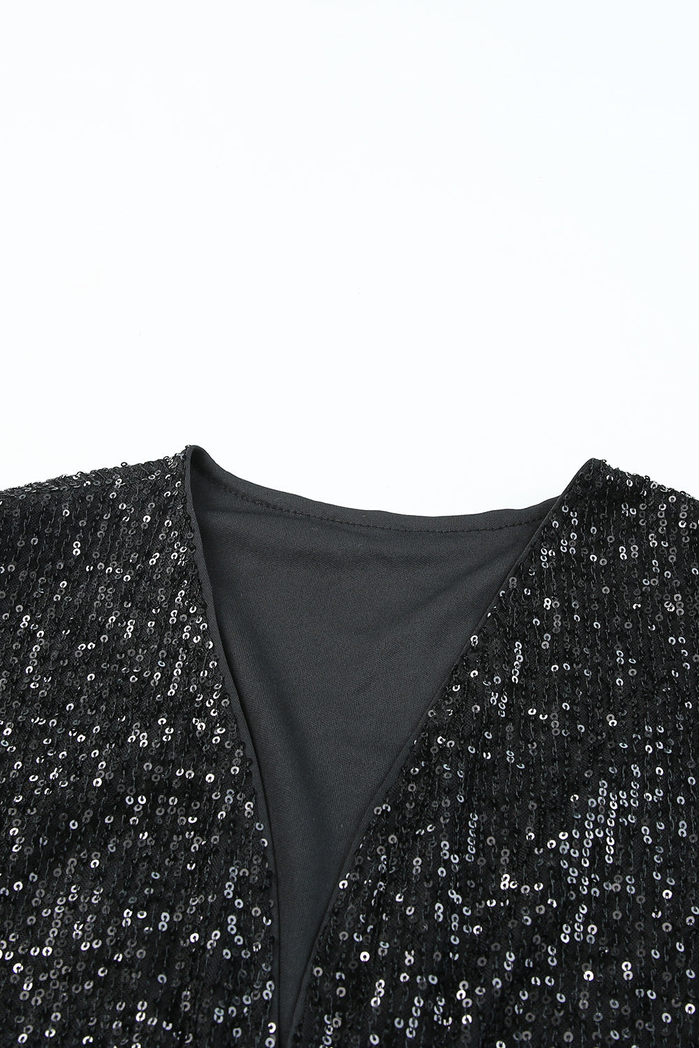 Black Luster Sequin Half Sleeves Draped Open Front Top  Fashionpara