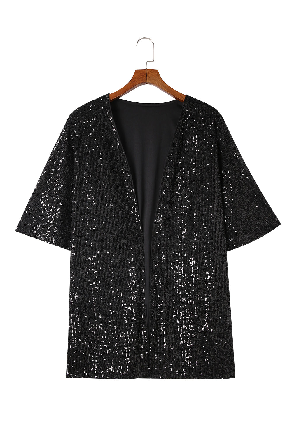 Black Luster Sequin Half Sleeves Draped Open Front Top  Fashionpara