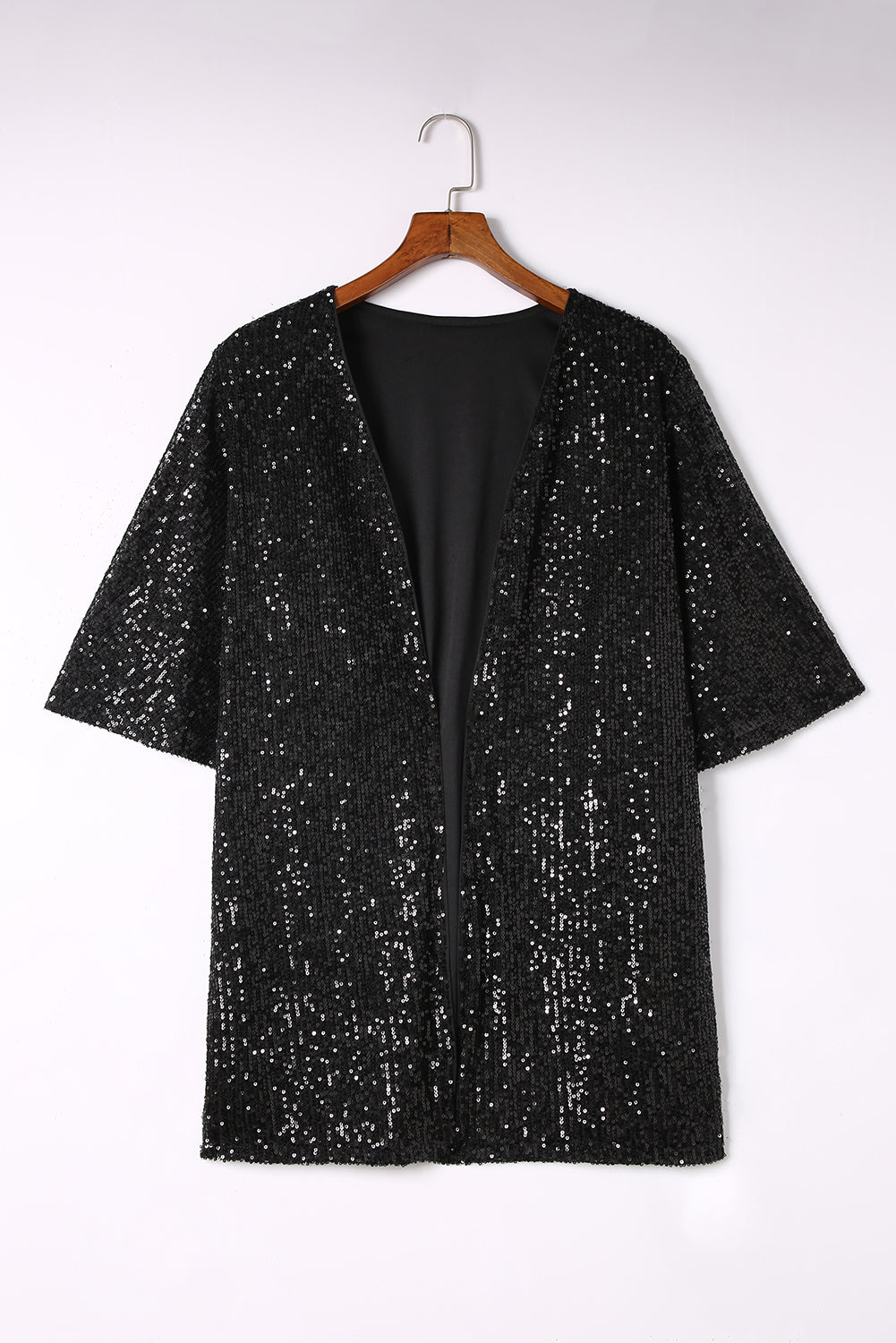 Black Luster Sequin Half Sleeves Draped Open Front Top  Fashionpara