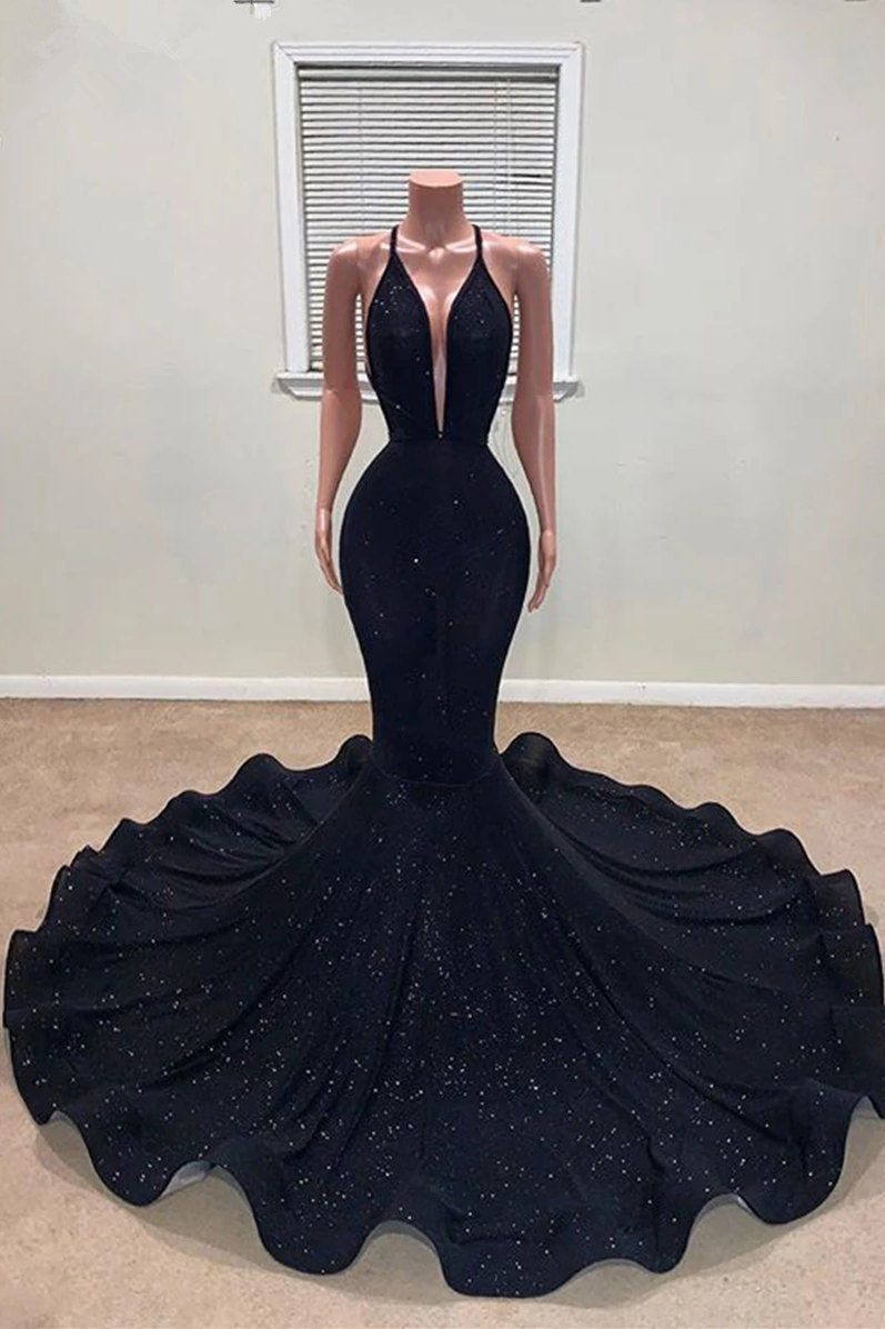 Black Mermaid Prom Dress Sleeveless Spaghetti-Straps - Fashionpara