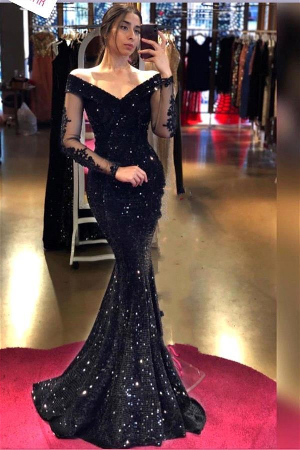 Black Off Shoulder Bright Sequins Mermaid Evening Gown