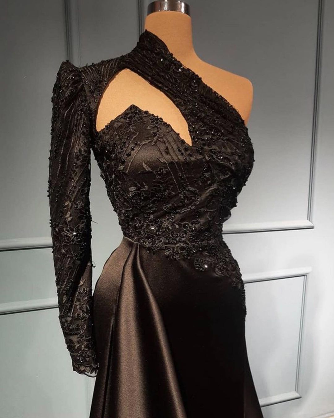 Black One Shoulder Lace Prom Dress Mermaid With Long Sleeves - Fashionpara