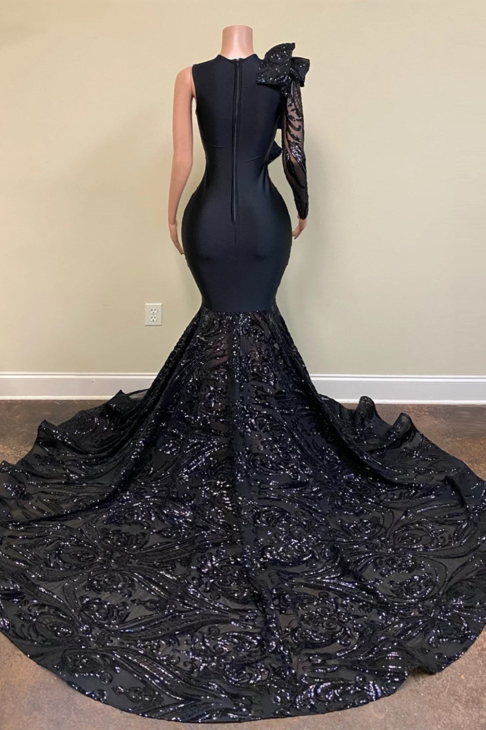 Black One Shoulder Long Sleeves Prom Dress Mermaid Sequins - Fashionpara