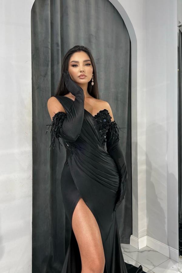 Black One Shoulder Prom Dress Mermaid With Split - Fashionpara