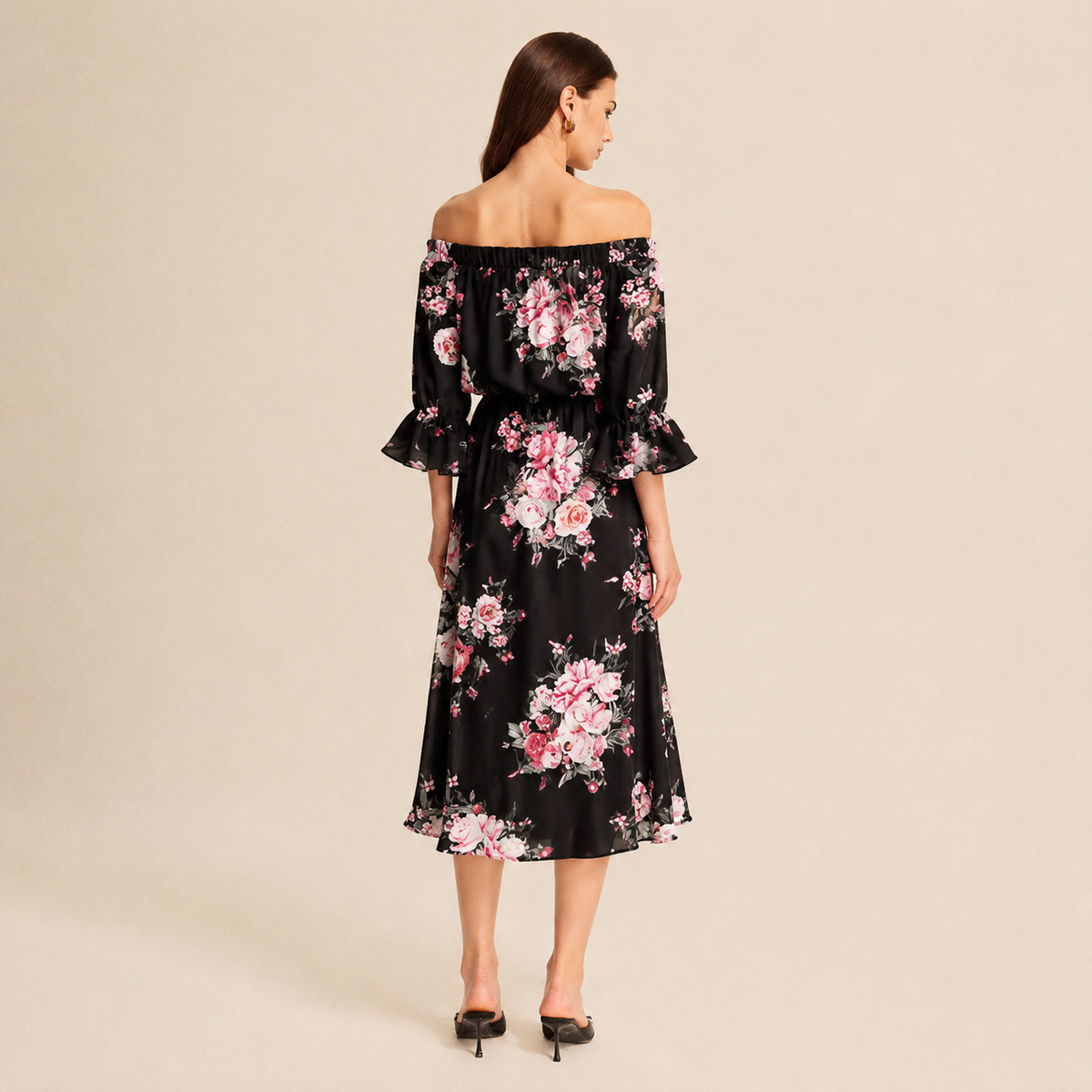 Floral Off Shoulder Bell Sleeve A-Line Midi Dress 3