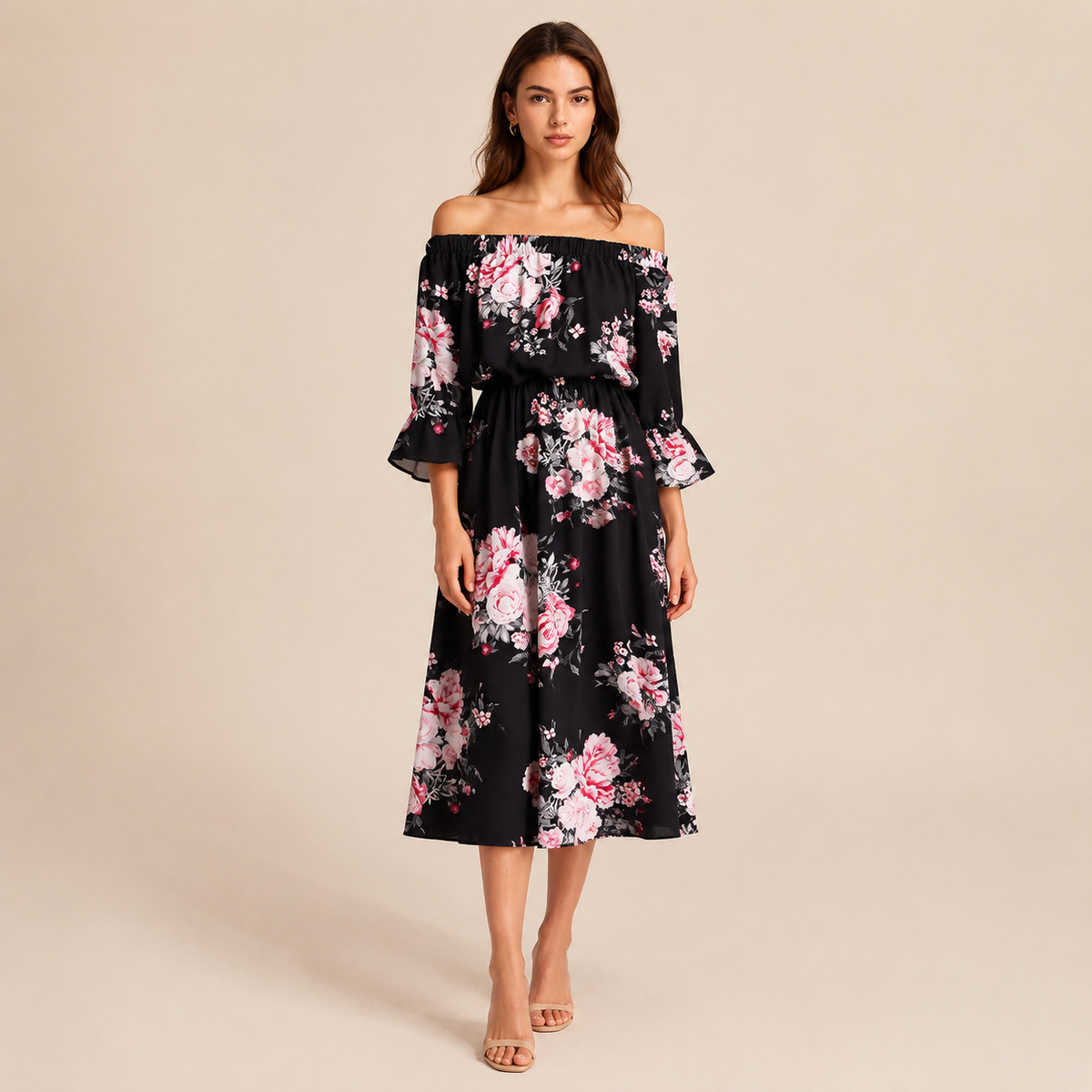 Floral Off Shoulder Bell Sleeve A-Line Midi Dress