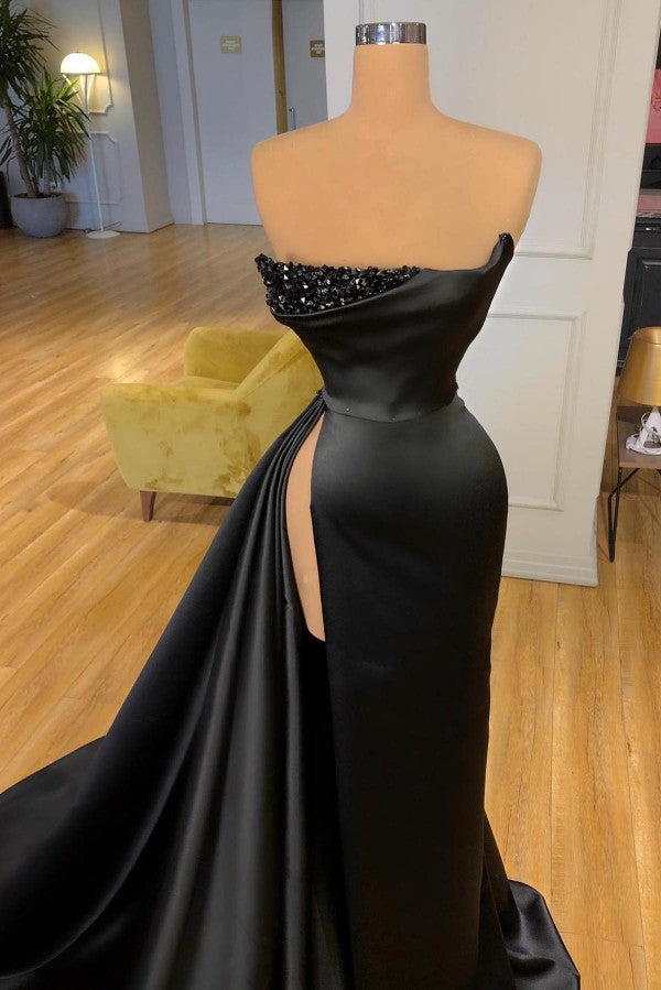 Black Prom Dress Mermaid Strapless High Split Long - Fashionpara