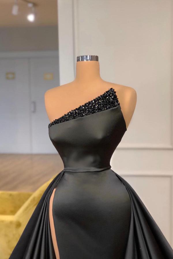Black Prom Dress Overskirt Long With High Split - Fashionpara