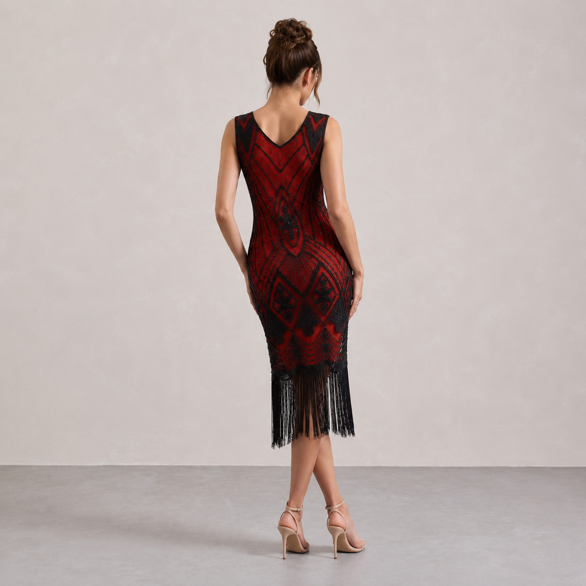 Beaded Fringe Hem V-Neck Flapper Midi Dress 11