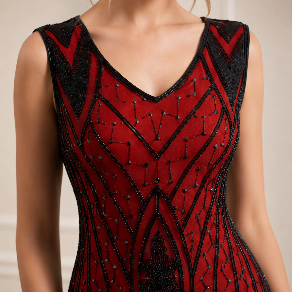 Beaded Fringe Hem V-Neck Flapper Midi Dress 10